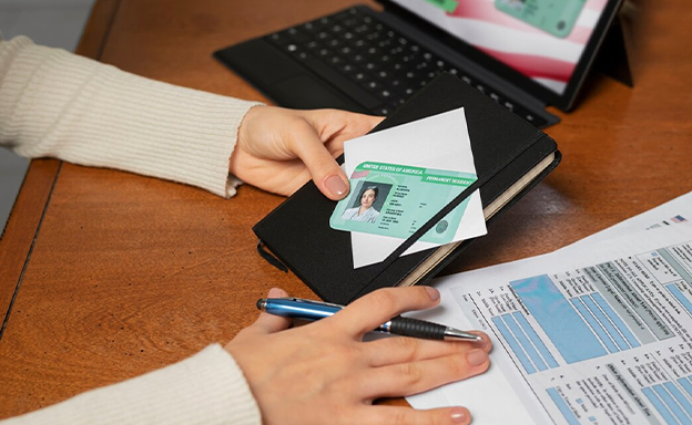 Person holding ID card and documents for migration consultants in Kochi
